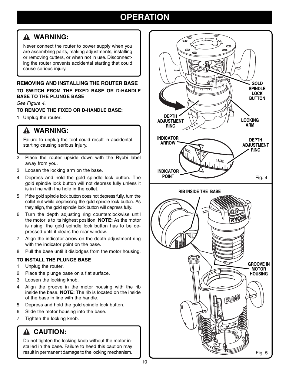 Operation, Warning, Caution | Ryobi RE1802M User Manual | Page 10 / 24