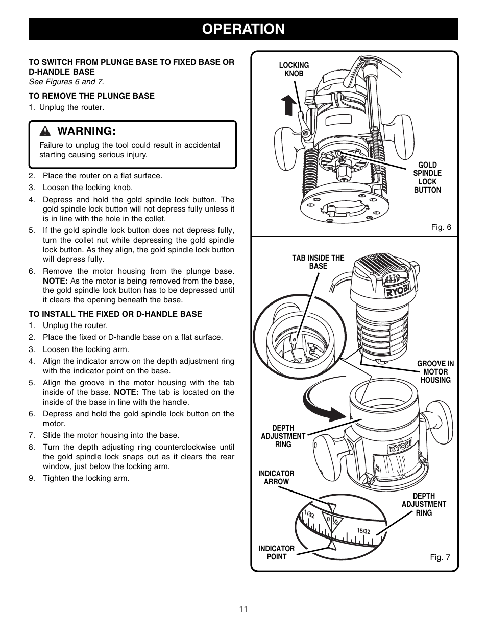 Operation, Warning | Ryobi RE1802M User Manual | Page 11 / 24