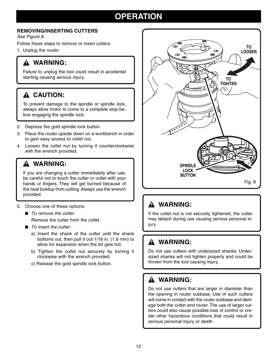 Operation, Warning, Caution | Ryobi RE1802M User Manual | Page 12 / 24