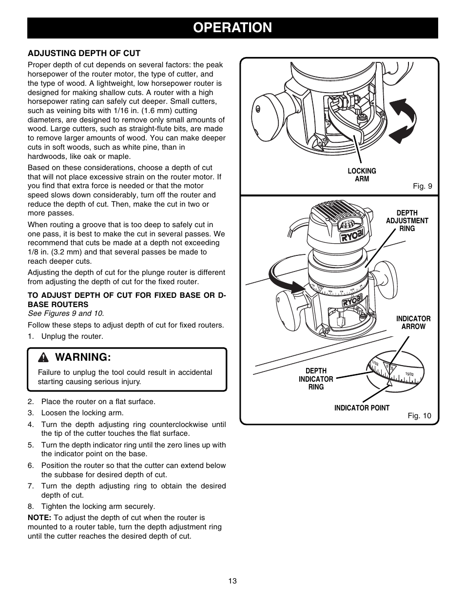 Operation, Warning | Ryobi RE1802M User Manual | Page 13 / 24