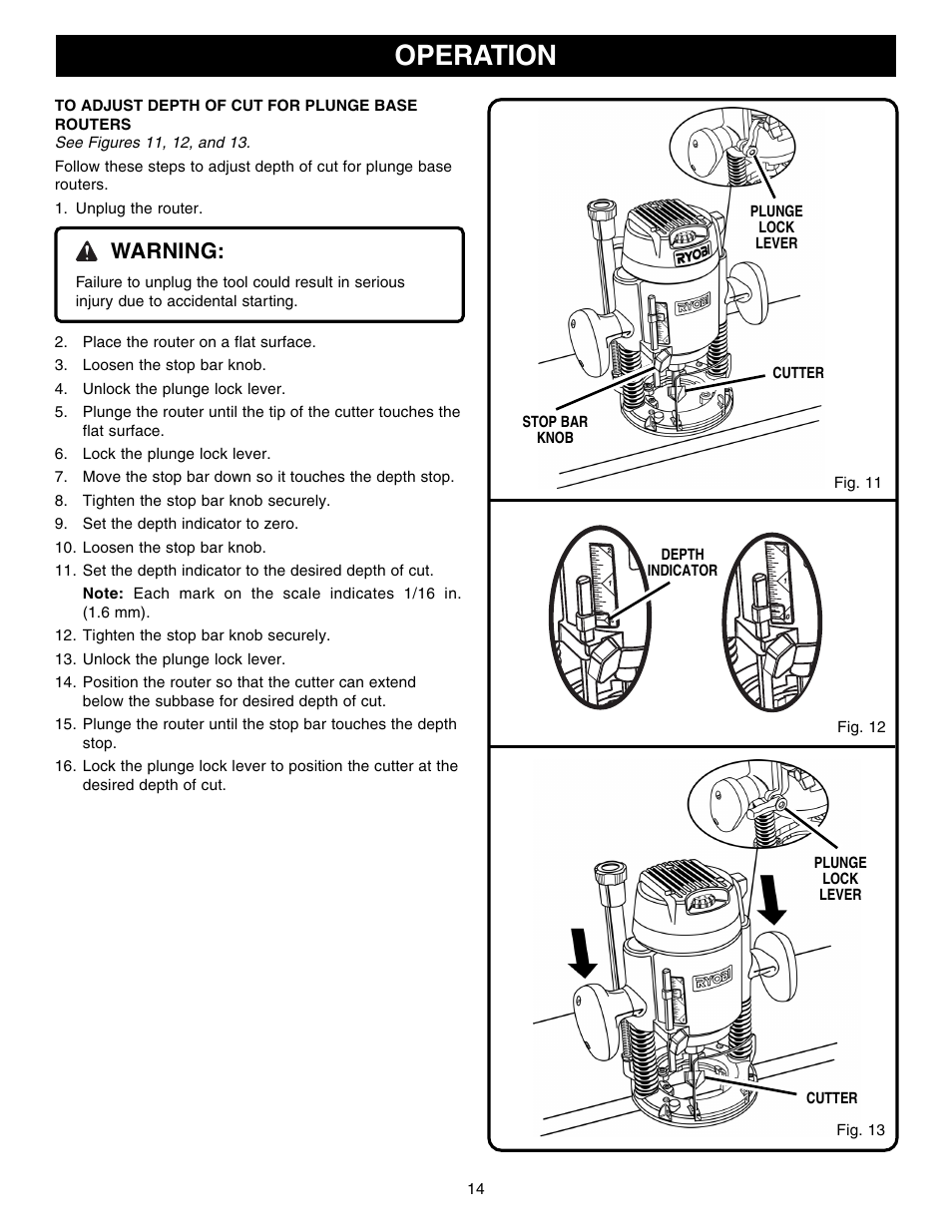 Operation, Warning | Ryobi RE1802M User Manual | Page 14 / 24