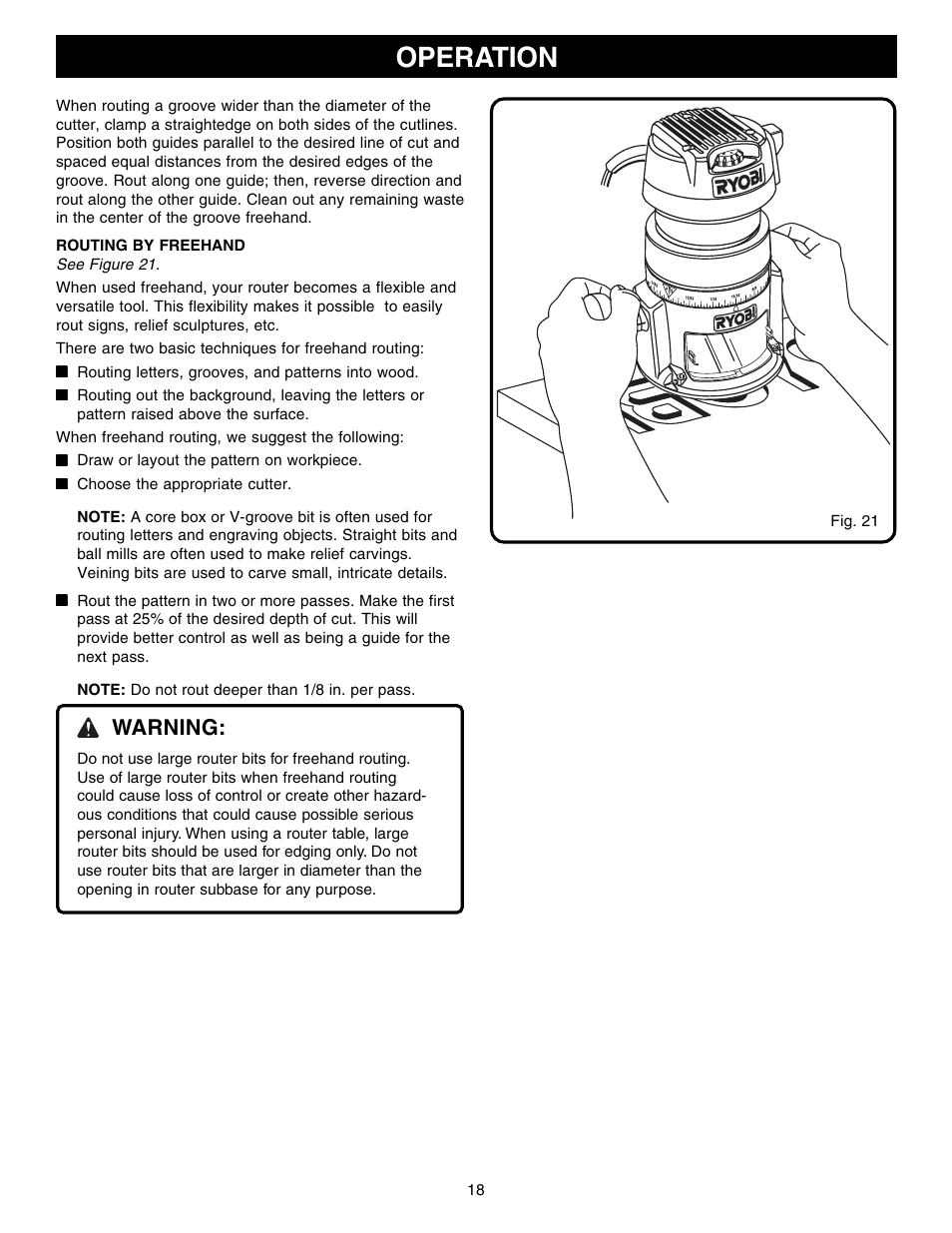 Operation, Warning | Ryobi RE1802M User Manual | Page 18 / 24