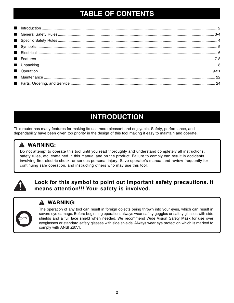 Table of contents introduction, Warning | Ryobi RE1802M User Manual | Page 2 / 24