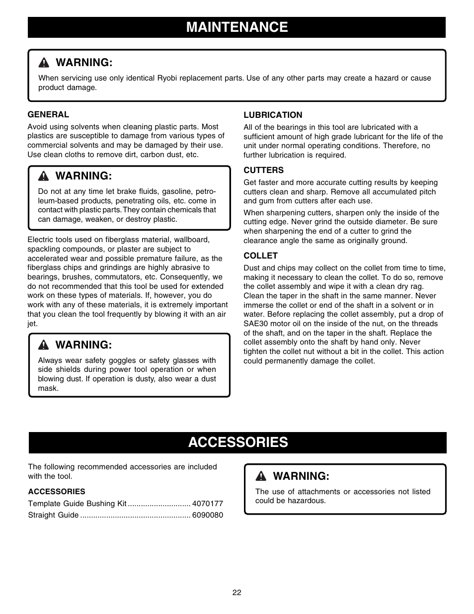 Maintenance, Accessories, Warning | Ryobi RE1802M User Manual | Page 22 / 24