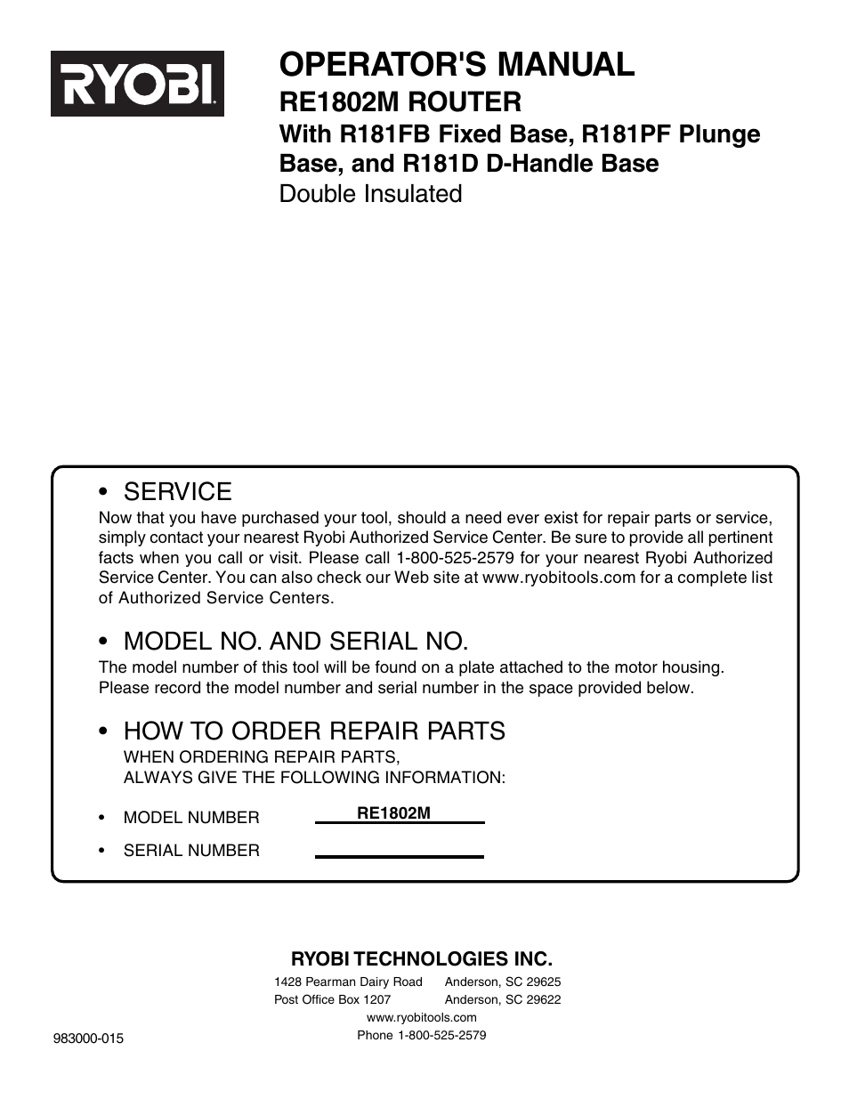 Operator's manual, Re1802m router, Service | Model no. and serial no, How to order repair parts | Ryobi RE1802M User Manual | Page 24 / 24