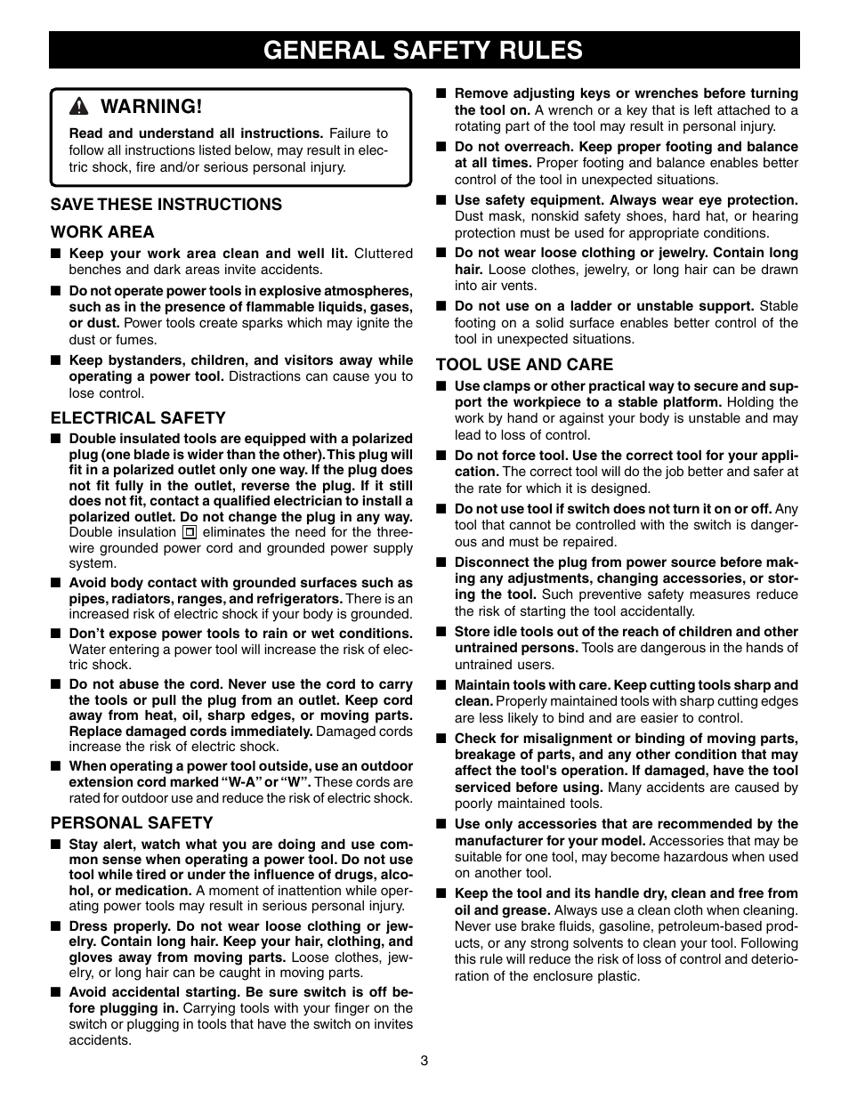 General safety rules, Warning | Ryobi RE1802M User Manual | Page 3 / 24