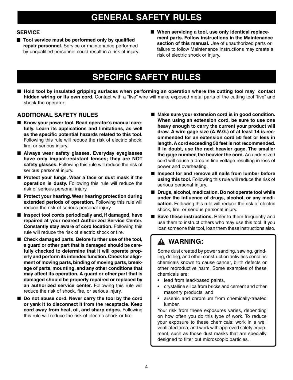 Specific safety rules, General safety rules, Warning | Ryobi RE1802M User Manual | Page 4 / 24