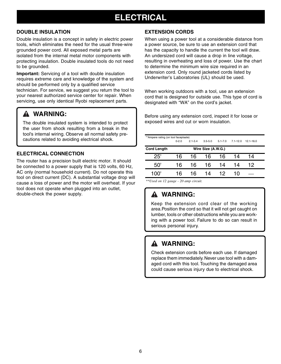 Electrical, Warning | Ryobi RE1802M User Manual | Page 6 / 24