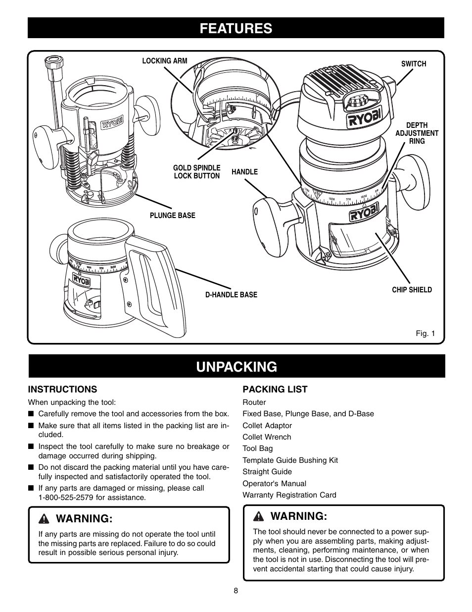 Features, Unpacking, Warning | Instructions, Packing list | Ryobi RE1802M User Manual | Page 8 / 24