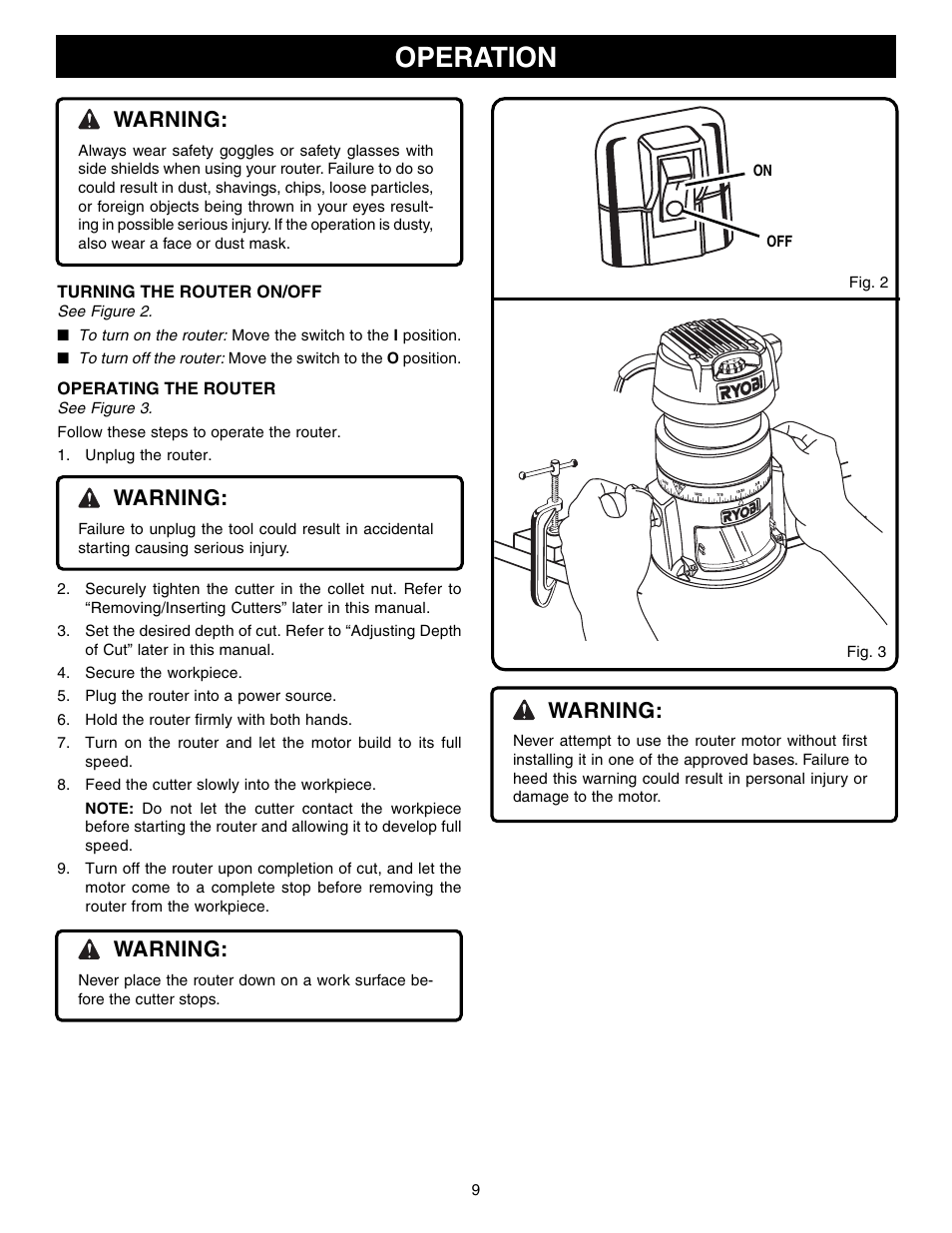 Operation, Warning | Ryobi RE1802M User Manual | Page 9 / 24