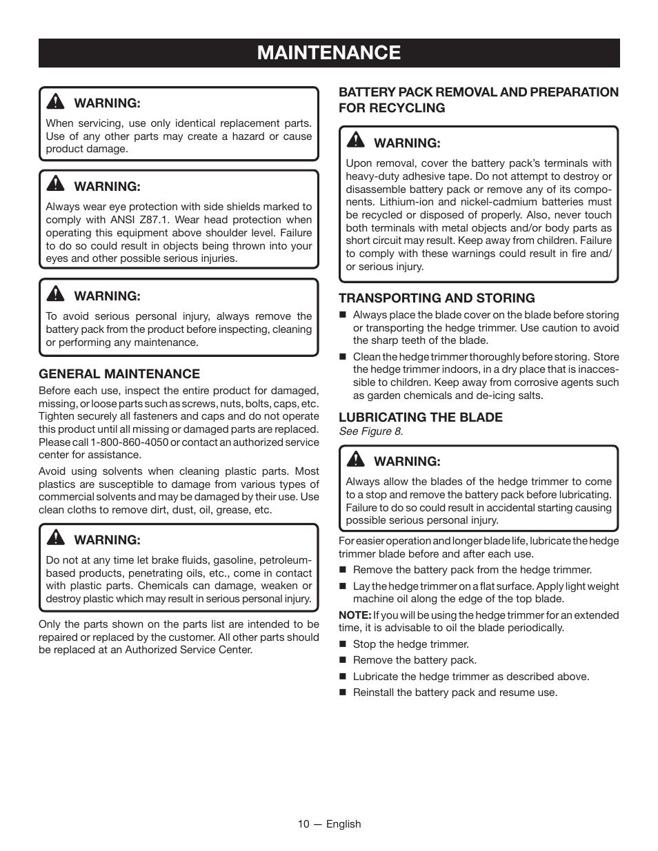 Maintenance | Ryobi RY24600 User Manual | Page 12 / 38