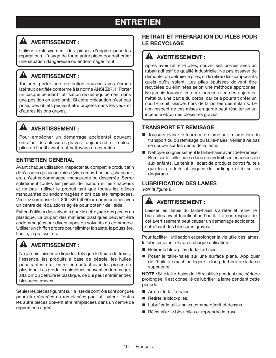 Entretien | Ryobi RY24600 User Manual | Page 23 / 38