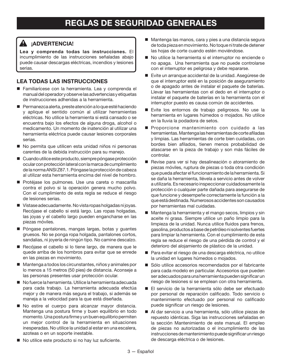 Reglas de seguridad generales | Ryobi RY24600 User Manual | Page 27 / 38