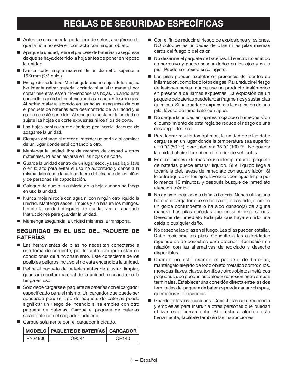 Reglas de seguridad específicas | Ryobi RY24600 User Manual | Page 28 / 38