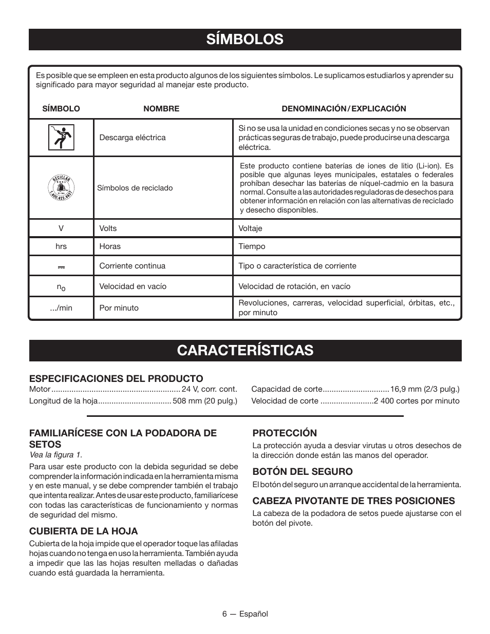 Símbolos características | Ryobi RY24600 User Manual | Page 30 / 38