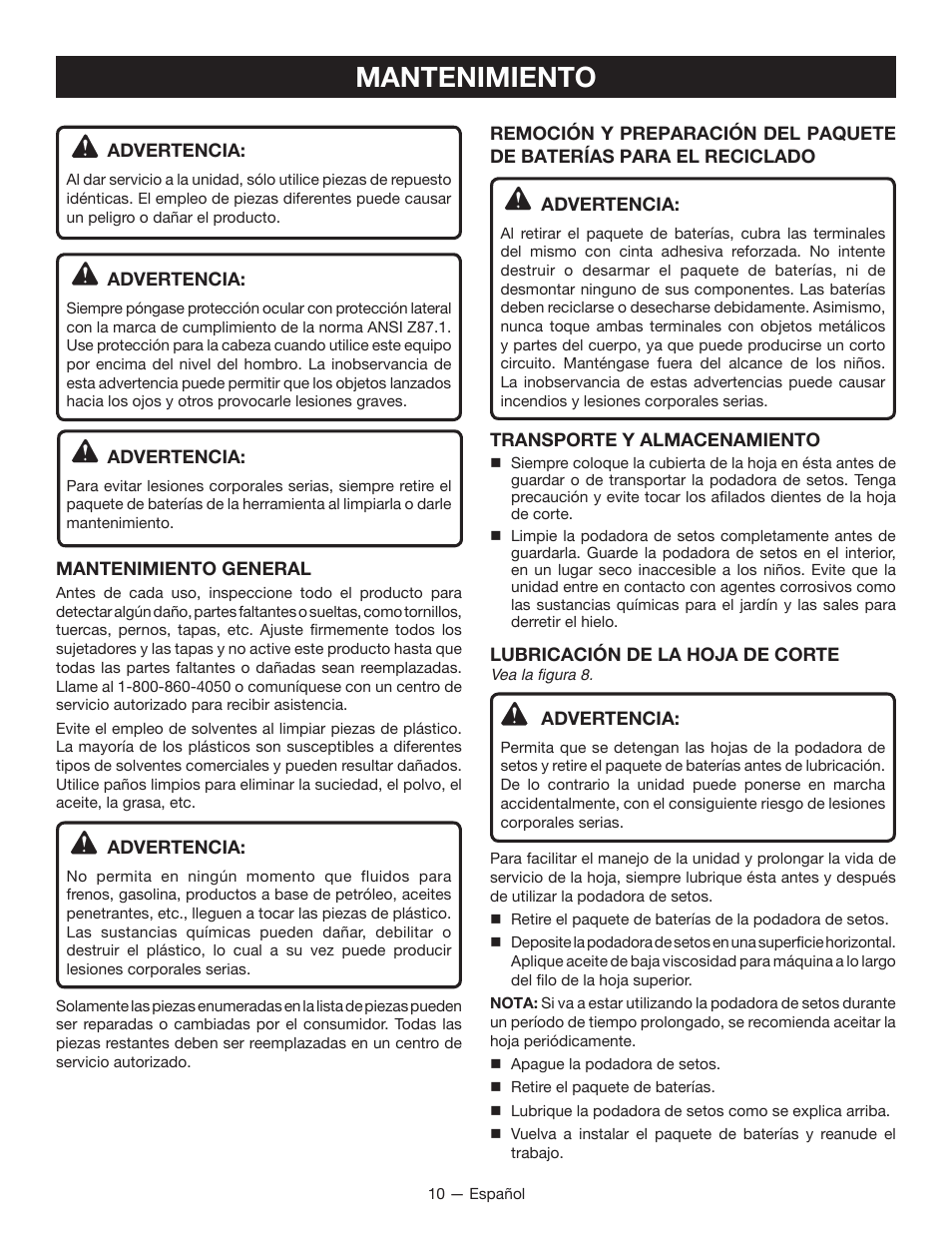 Mantenimiento | Ryobi RY24600 User Manual | Page 34 / 38
