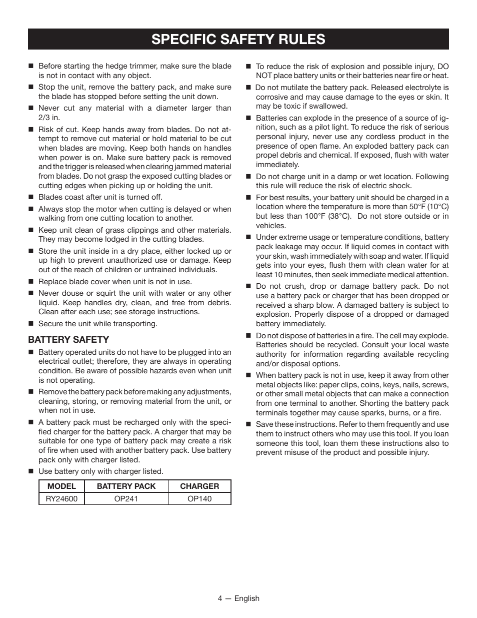 Specific safety rules | Ryobi RY24600 User Manual | Page 6 / 38