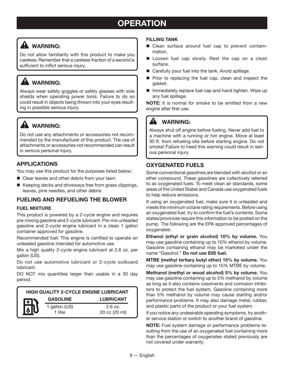 Operation | Ryobi RY09600 User Manual | Page 11 / 50