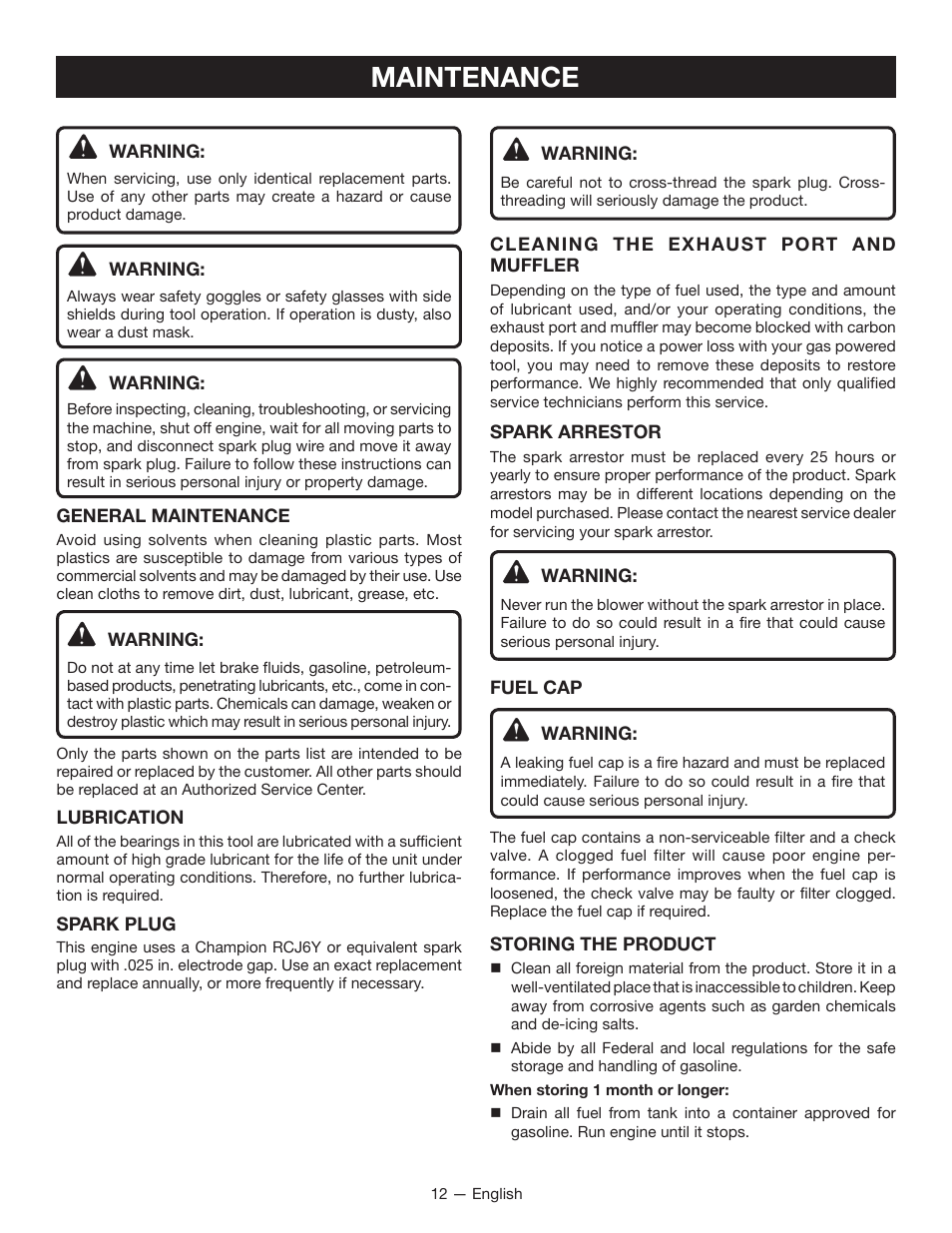 Maintenance | Ryobi RY09600 User Manual | Page 14 / 50