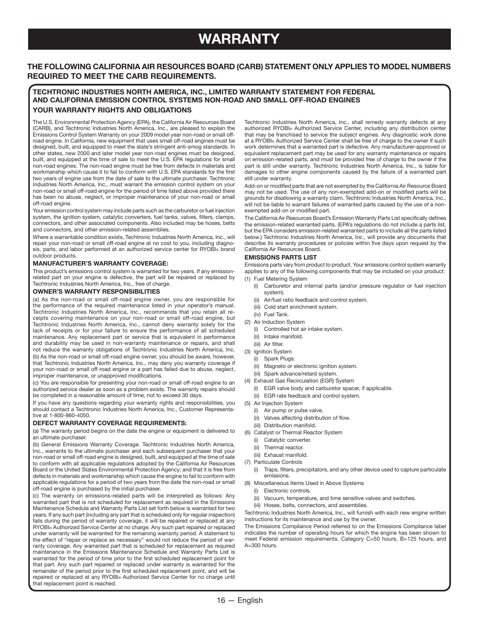 Warranty, 16 — english | Ryobi RY09600 User Manual | Page 18 / 50