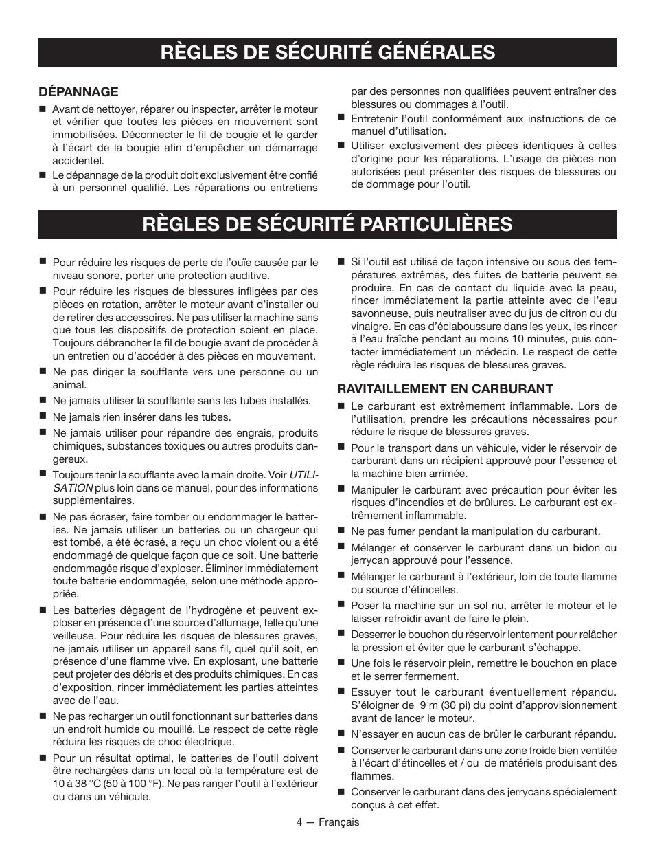 Règles de sécurité particulières, Règles de sécurité générales | Ryobi RY09600 User Manual | Page 20 / 50