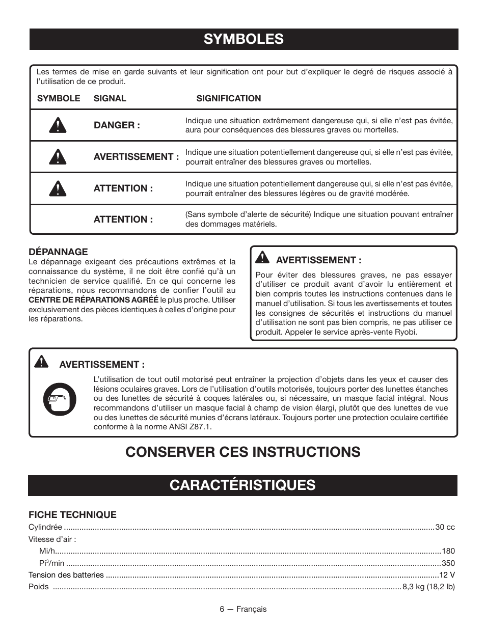 Symboles, Conserver ces instructions, Caractéristiques | Ryobi RY09600 User Manual | Page 22 / 50