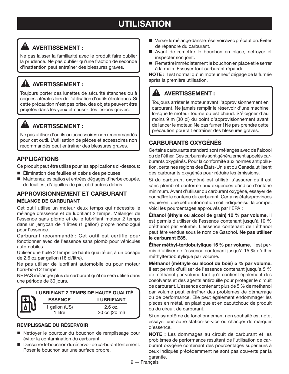 Utilisation | Ryobi RY09600 User Manual | Page 25 / 50