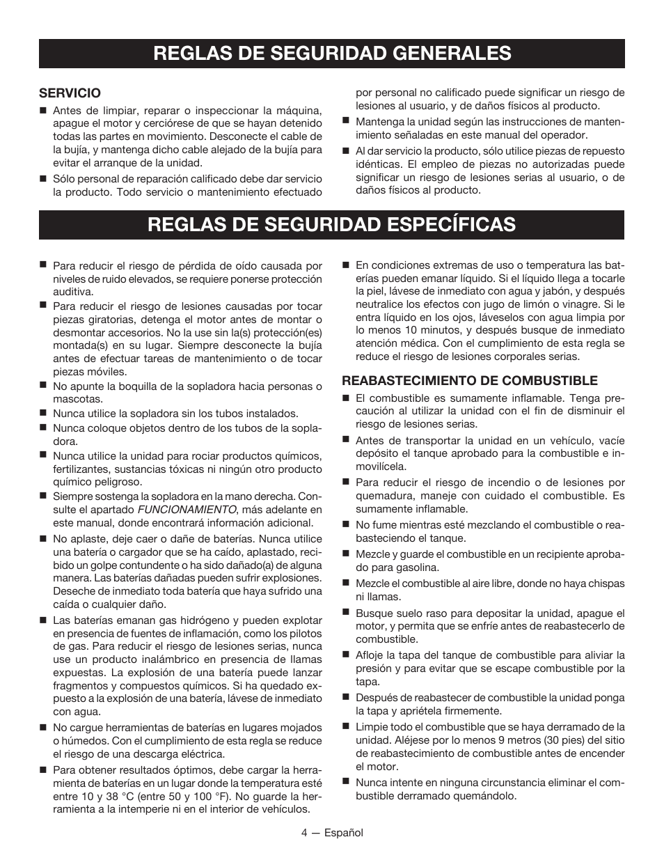 Reglas de seguridad específicas, Reglas de seguridad generales | Ryobi RY09600 User Manual | Page 34 / 50