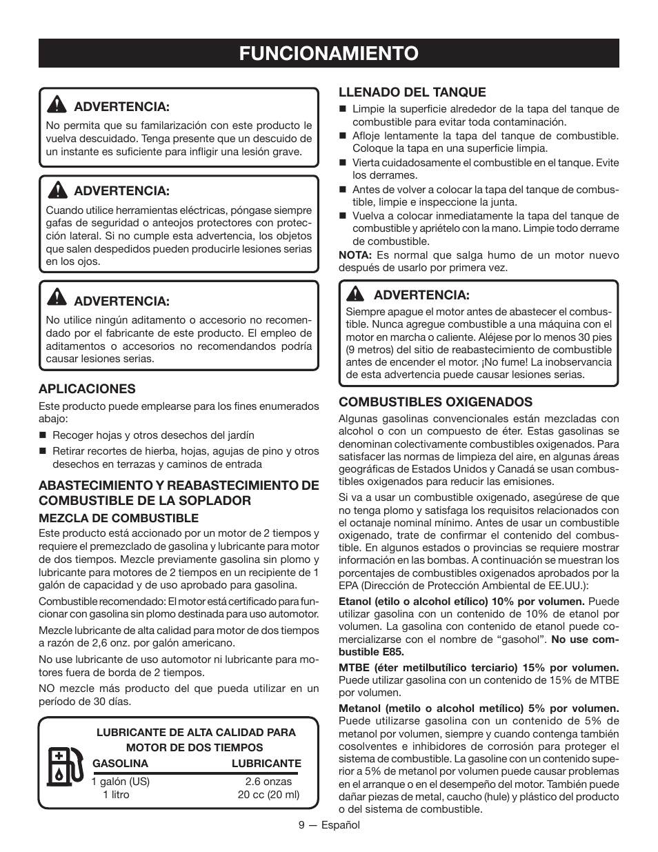 Funcionamiento | Ryobi RY09600 User Manual | Page 39 / 50