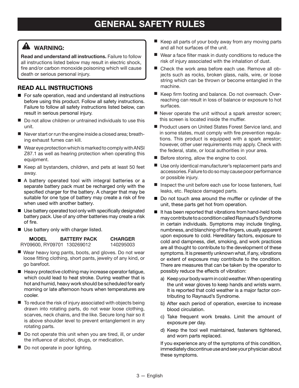 General safety rules | Ryobi RY09600 User Manual | Page 5 / 50