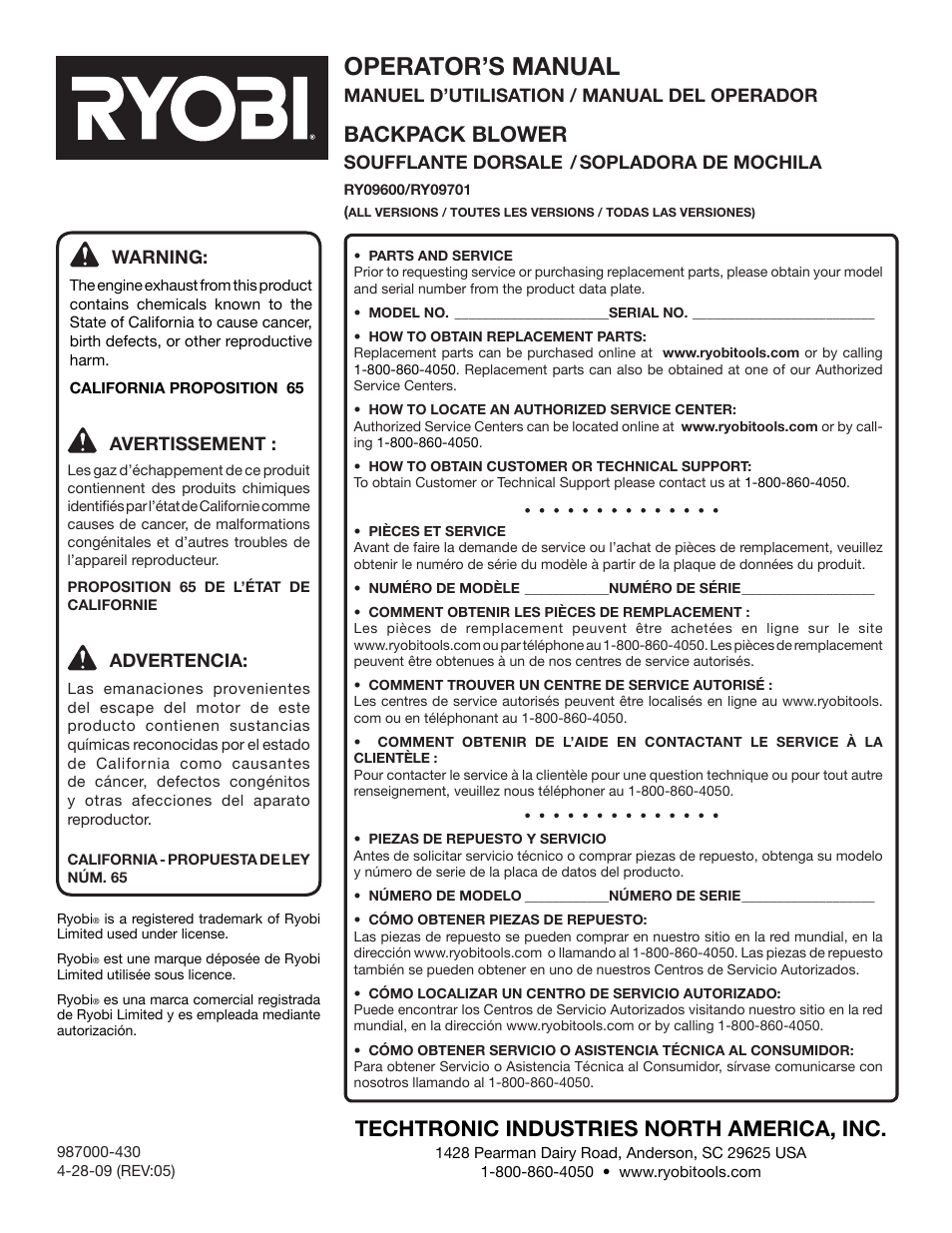 Operator’s manual, Techtronic industries north america, inc, Backpack blower | Warning, Manuel d’utilisation / manual del operador, Soufflante dorsale / sopladora de mochila, Avertissement, Advertencia | Ryobi RY09600 User Manual | Page 50 / 50