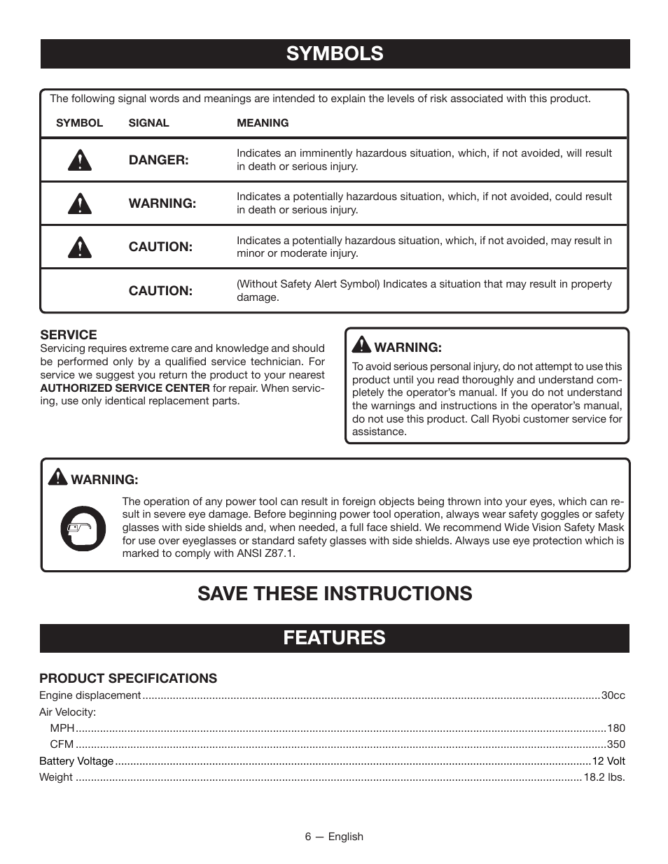 Symbols, Save these instructions, Features | Ryobi RY09600 User Manual | Page 8 / 50