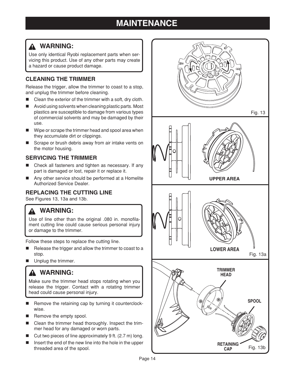 Maintenance, Warning | Ryobi RY41002 User Manual | Page 14 / 18