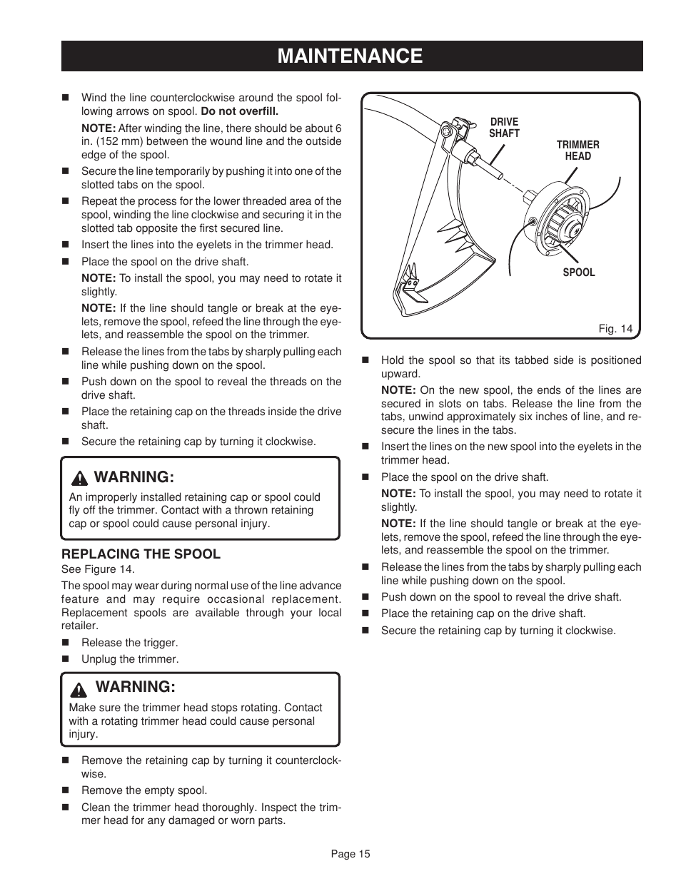 Maintenance, Warning | Ryobi RY41002 User Manual | Page 15 / 18