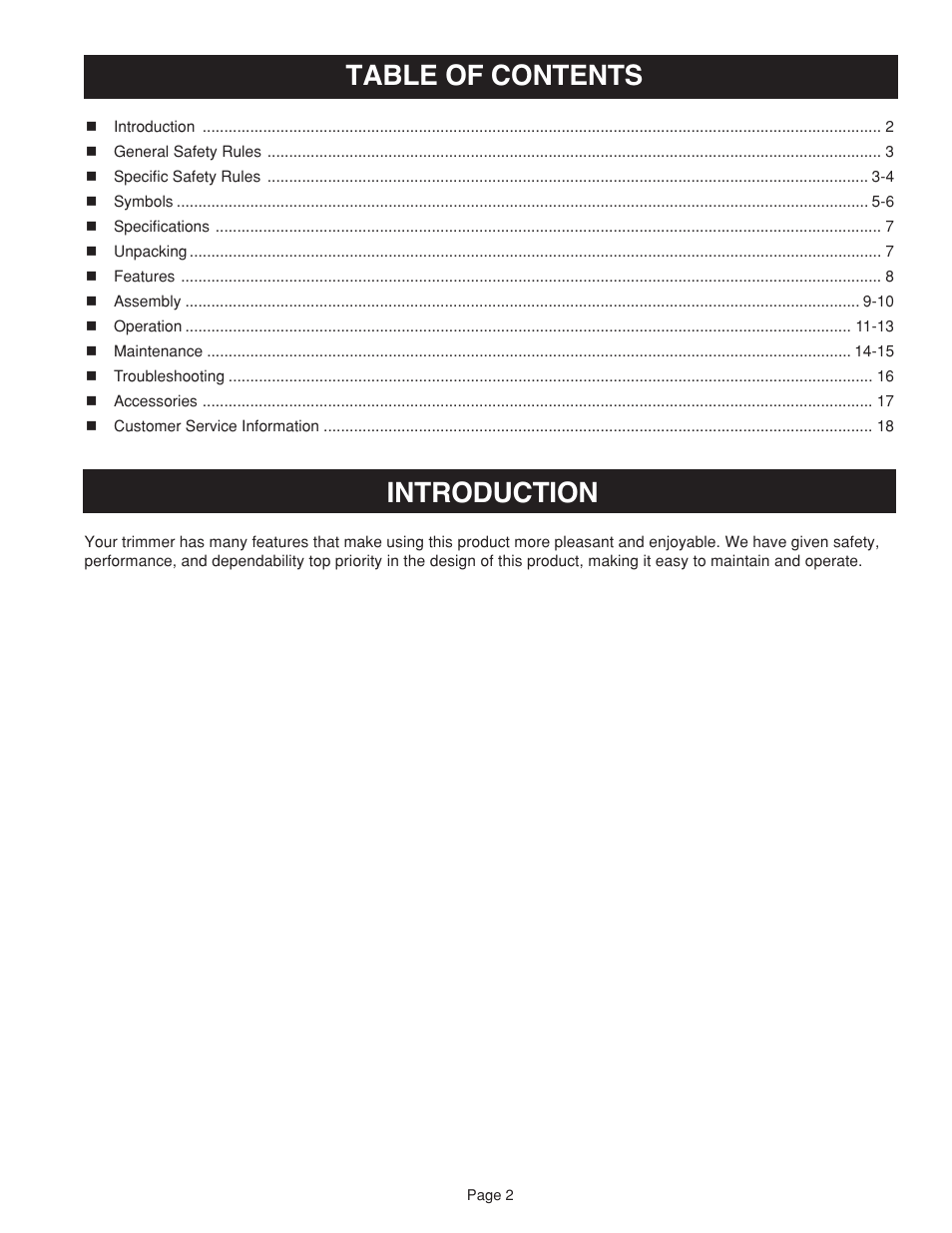 Table of contents introduction | Ryobi RY41002 User Manual | Page 2 / 18