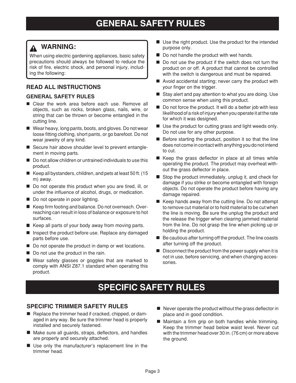 General safety rules specific safety rules, Warning | Ryobi RY41002 User Manual | Page 3 / 18