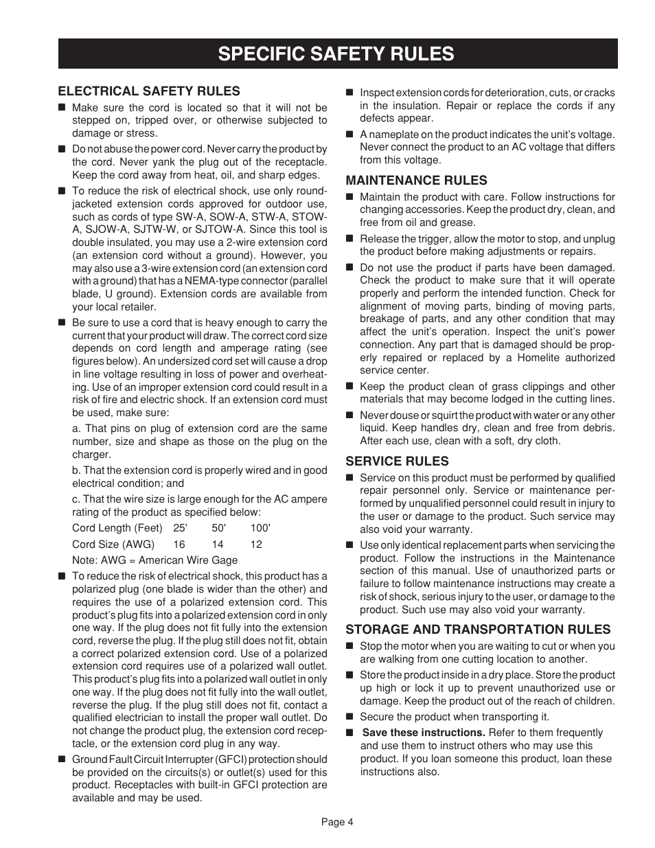 Specific safety rules | Ryobi RY41002 User Manual | Page 4 / 18