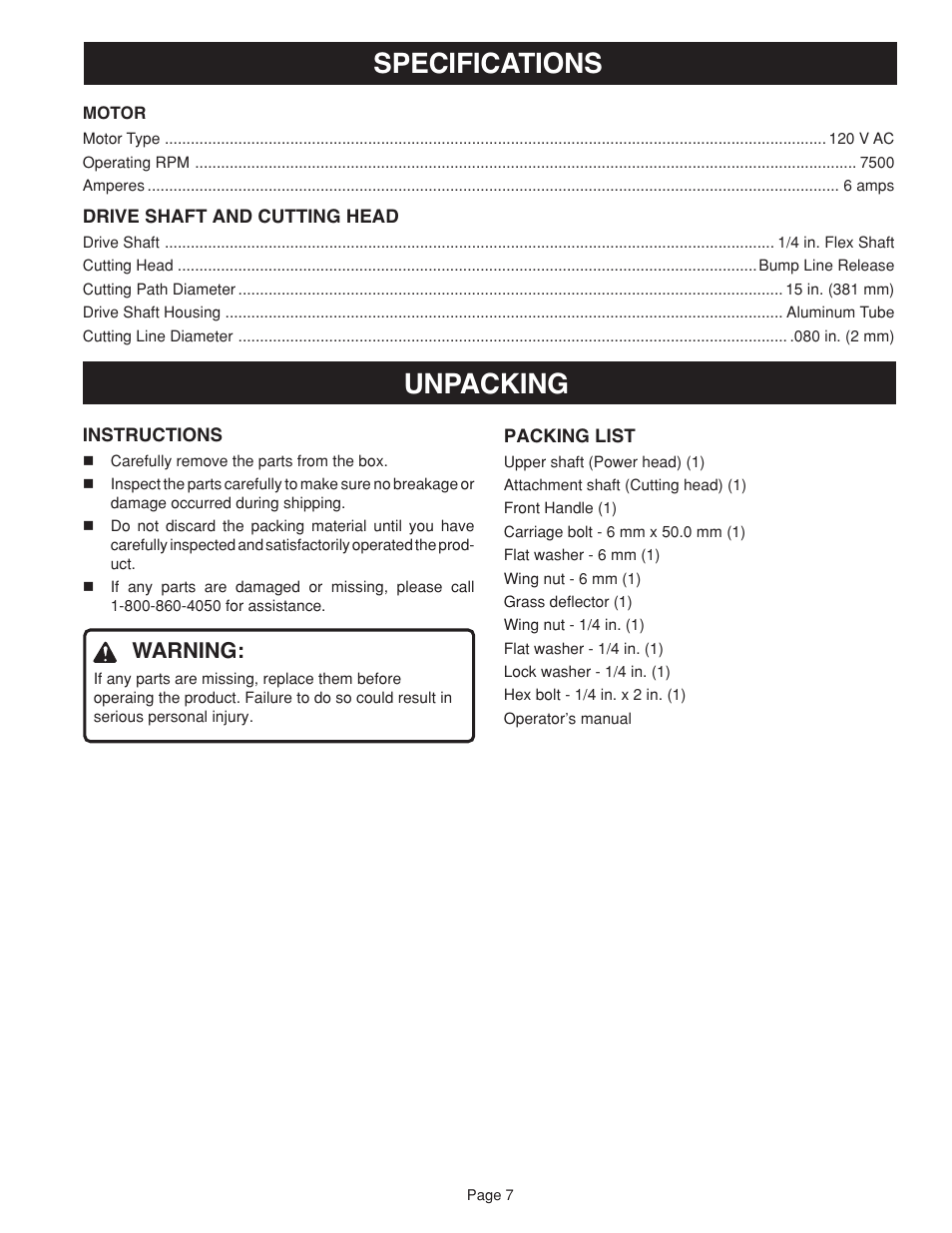 Specifications unpacking, Warning | Ryobi RY41002 User Manual | Page 7 / 18