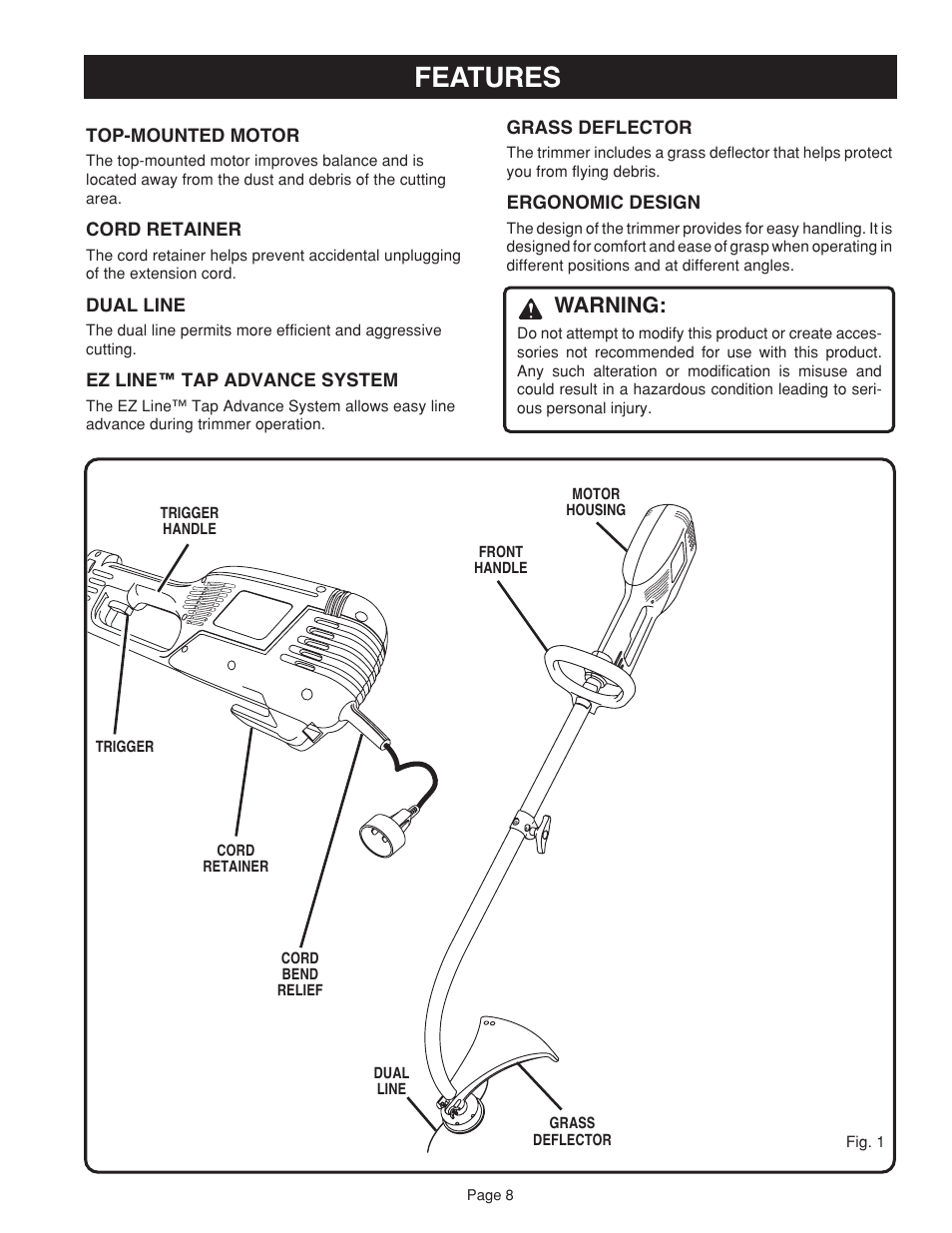 Features, Warning | Ryobi RY41002 User Manual | Page 8 / 18