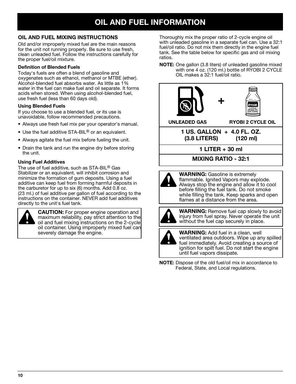 Oil and fuel information | Ryobi 725rE User Manual | Page 10 / 28