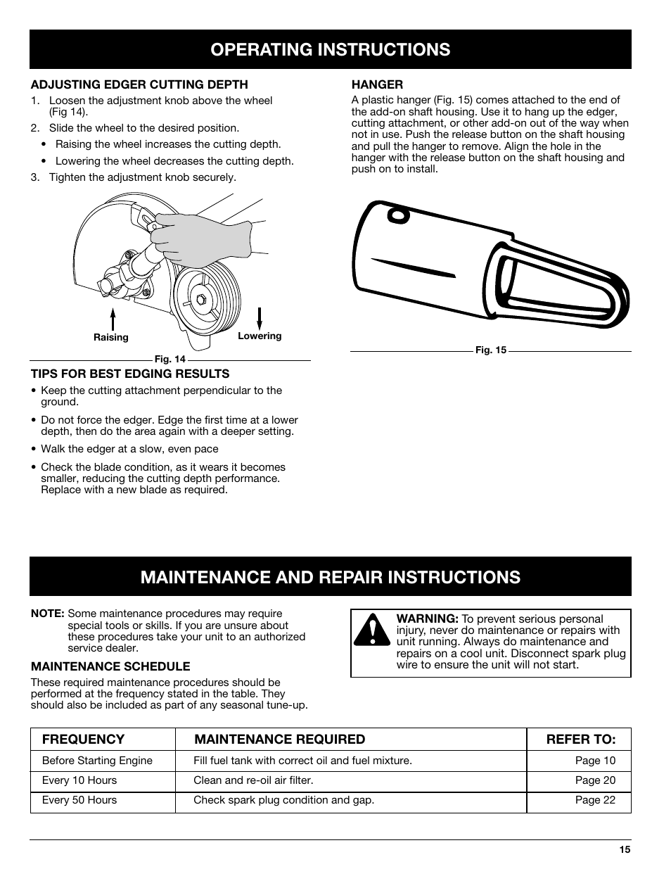 Operating instructions, Maintenance and repair instructions | Ryobi 725rE User Manual | Page 15 / 28