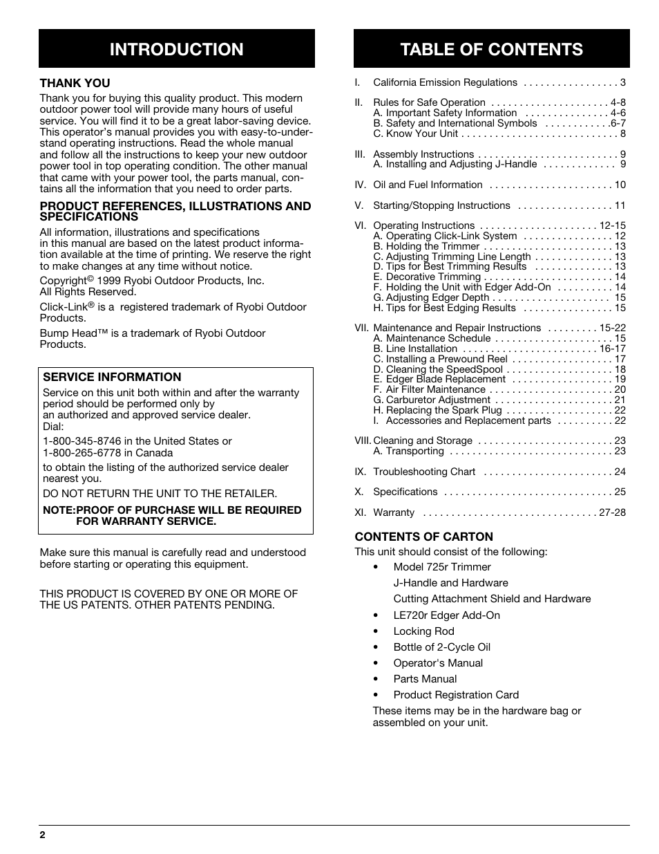 Introduction table of contents | Ryobi 725rE User Manual | Page 2 / 28