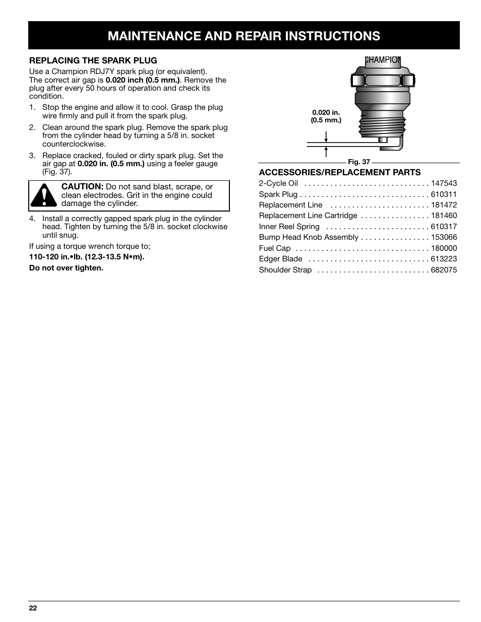 Maintenance and repair instructions | Ryobi 725rE User Manual | Page 22 / 28