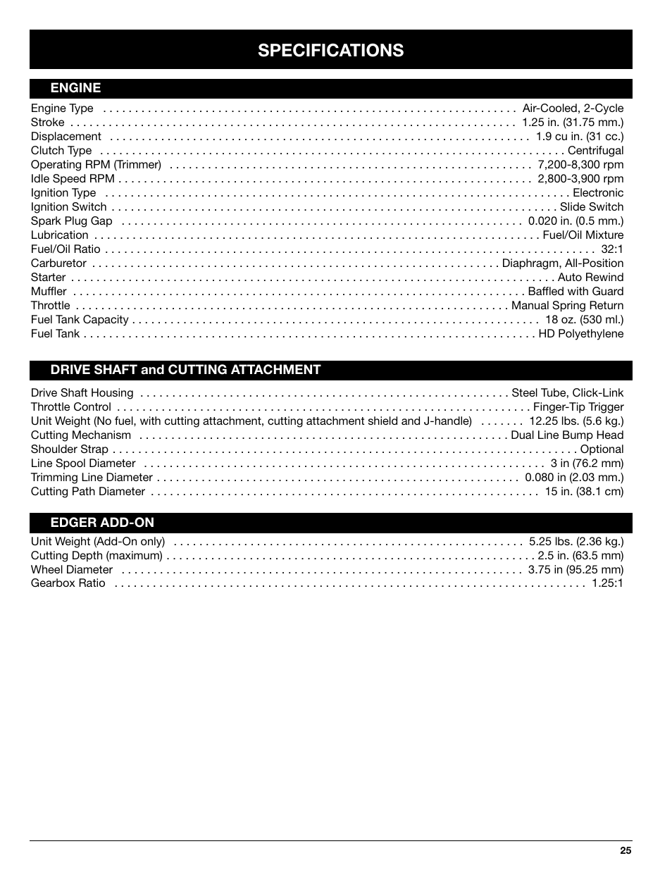 Specifications | Ryobi 725rE User Manual | Page 25 / 28