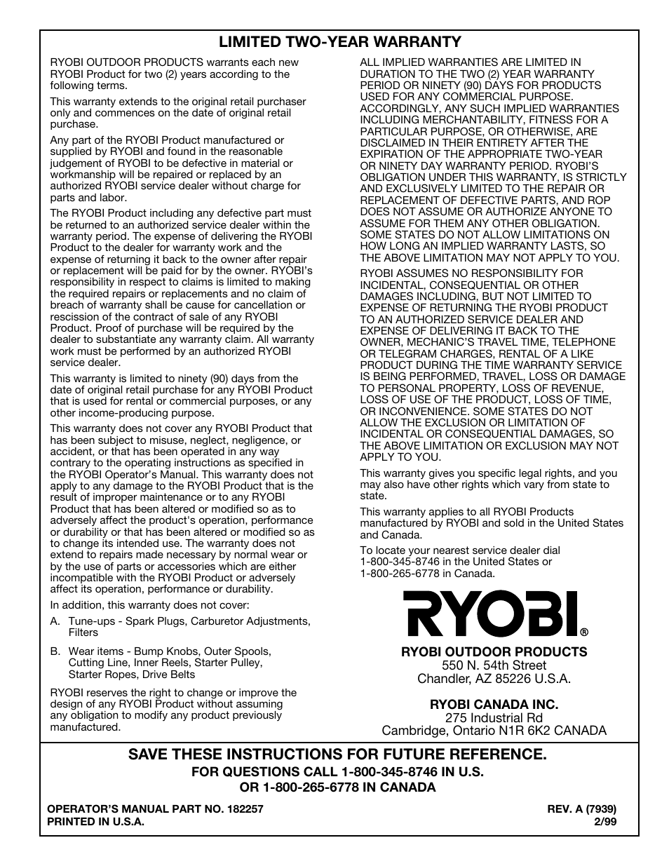 Ryobi 725rE User Manual | Page 28 / 28