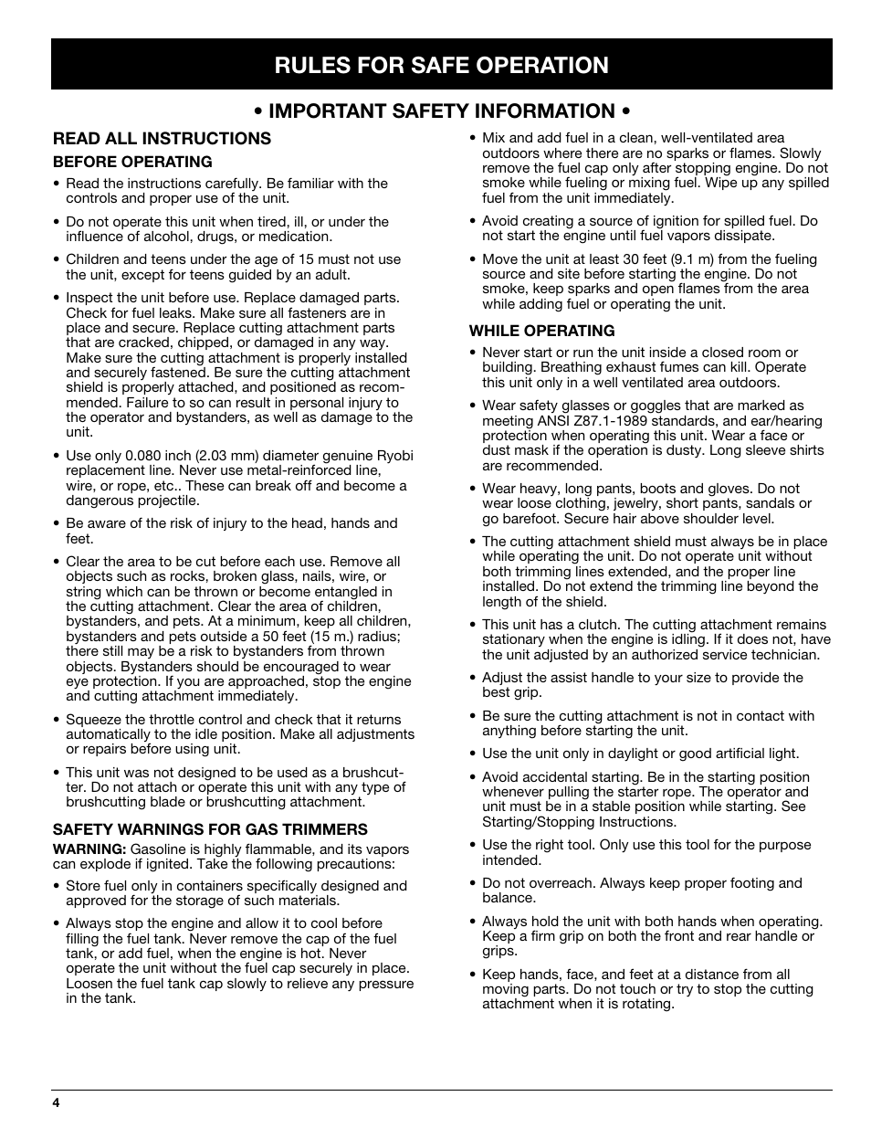 Rules for safe operation, Important safety information | Ryobi 725rE User Manual | Page 4 / 28