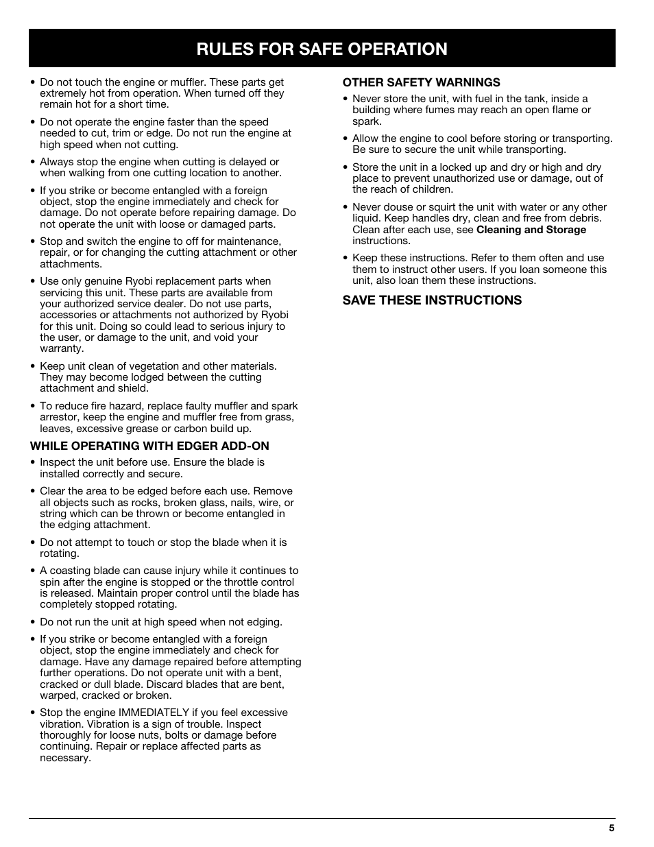 Rules for safe operation | Ryobi 725rE User Manual | Page 5 / 28