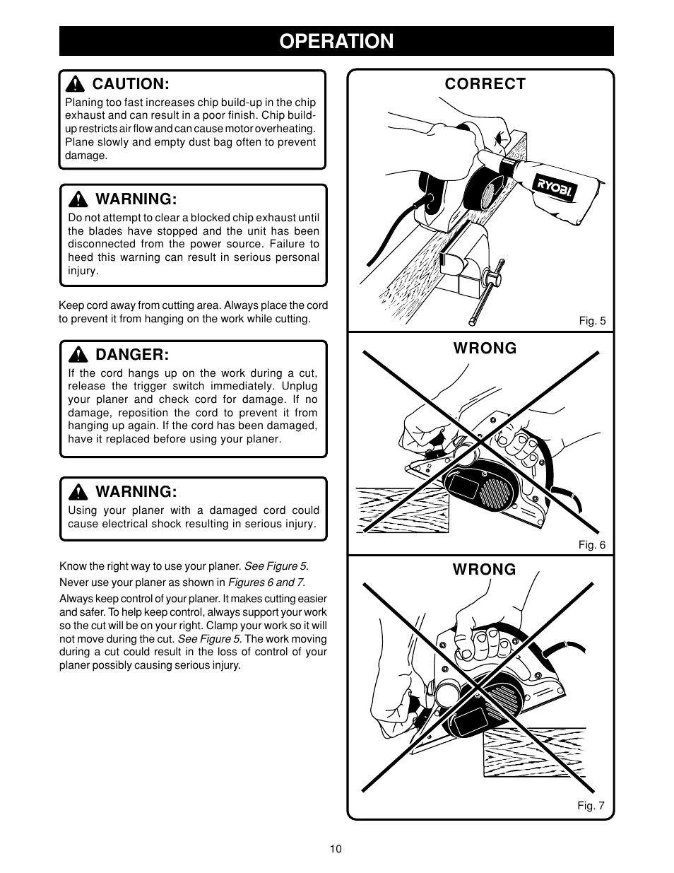 Operation, Caution, Danger | Warning, Wrong, Correct | Ryobi HPL50 User Manual | Page 10 / 18