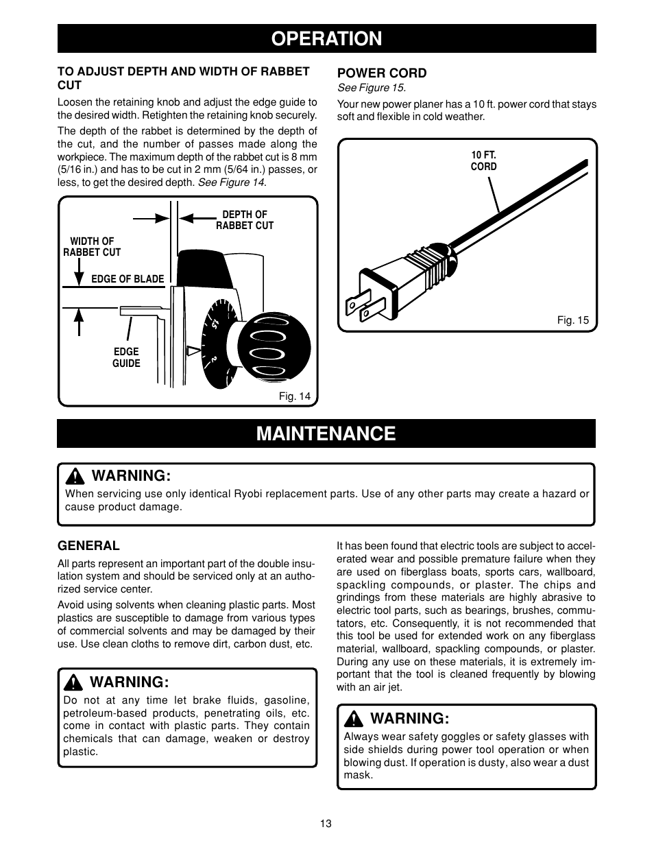 Operation, Maintenance, Warning | Ryobi HPL50 User Manual | Page 13 / 18