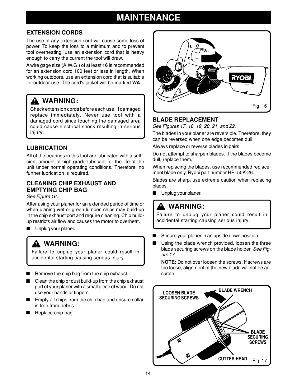 Maintenance, Warning | Ryobi HPL50 User Manual | Page 14 / 18